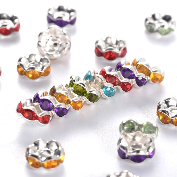 x50 perles rondelles strass argenté et cristal multicolore, 6mm