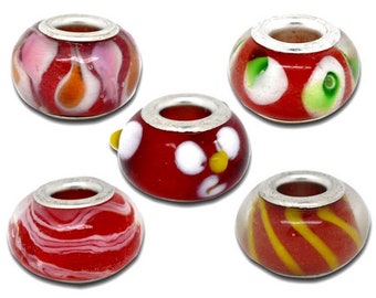 Set aus 25 europäischen Großlochperlen, rotes gemischtes Lampenglas: PEM0037