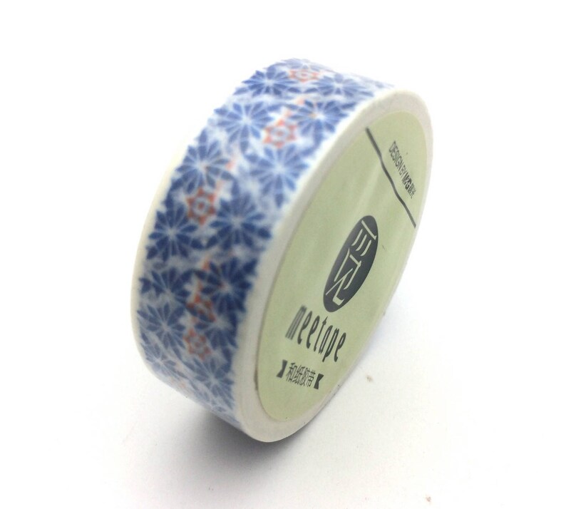 x1 rouleau de 10m de masking tape washi tape blanc motifs bleus: DM0031 image 1