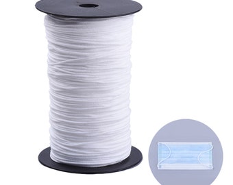 5, 10 or 20m of white round elastic cord, very soft, width 2mm ideal protective masks