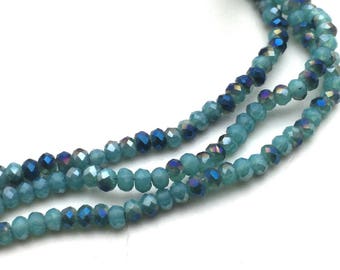 X1 thread of 200 oval glass beads with turquoise green and blue facets, 3mm: PVF0033