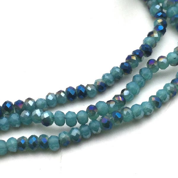 X1 fil de 200 perles en verre ovales à facettes vert turquoise et bleu, 3mm: PVF0033