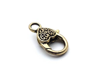 x2 carabiner clasps, decorated heart, aged gold, 25.5x14.8mm: AF0079