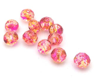 X20 perles en verre ovales à facettes, 6x4mm, transparente peintes ton rose/orange: PVF0063