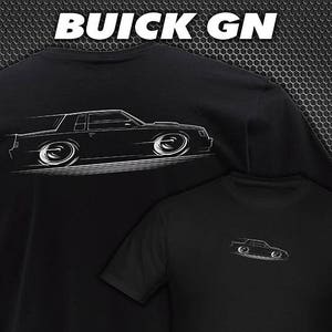 May include: Two black t-shirts with a white outline of a Buick GN car. The larger t-shirt has the car on the back and the smaller t-shirt has the car on the front.