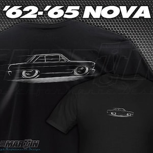 May include: Black t-shirt with a white outline of a 1962-1965 Chevrolet Nova. The shirt has a crew neck and short sleeves. The text '62-'65 NOVA' is printed in white at the top of the shirt.