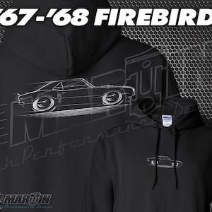Puede incluir: Sudadera con capucha negra con un contorno blanco de un Pontiac Firebird 1967-1968 en la parte delantera. El texto "'67-'68 FIREBIRD" está en la parte superior de la imagen.