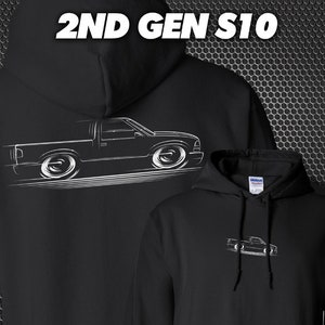 May include: Black hoodie with a white outline of a 2nd Gen S10 pickup truck. The hoodie has a large hood and a kangaroo pocket. The truck is shown in profile view.