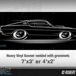 May include: Black and white silhouette of a classic car on a black background. The car is a Ford Torino. The text "Heavy Vinyl Banner welded with grommets 7'x3' or 4'x2'" is below the car. The text "ROBERT MARTIN 2016" is in the bottom right corner.