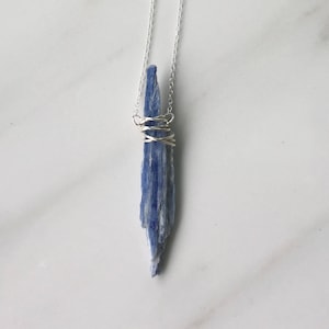 Raw kyanite pendant, silver stone necklace, raw blue kyanite, boho necklace, raw stone pendant, wire wrap pendant