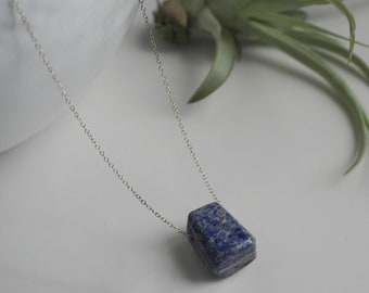 Lapis Lazuli necklace, tumbled lapis lazuli, blue stone pendant, long lapis necklace, wire wrap pendant, silver lazuli necklace