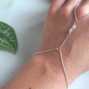 Dainty herkimer diamond hand chain, silver diamond slave chain