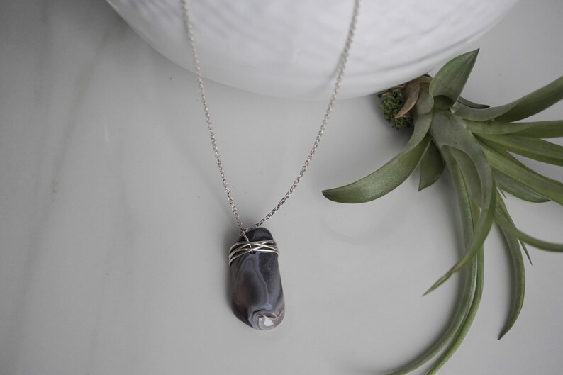 silver gemstone necklace wire wrap pendant Botswana Agate necklace tumbled agate