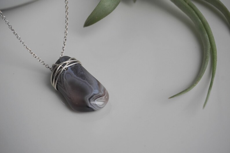 silver gemstone necklace wire wrap pendant Botswana Agate necklace tumbled agate