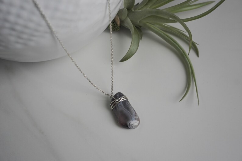 silver gemstone necklace wire wrap pendant Botswana Agate necklace tumbled agate