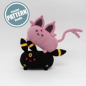 May include: Crochet pattern bundle for a pink and black Pokemon character. The pink character has a long tail and is sitting on top of the black character.