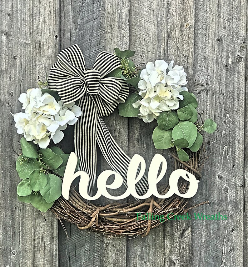 Hello Farmhouse Wreath Grapevine Wreath- Eucalyptus Wreath Year Round Wreaths Front Door Decor Hydrangeas