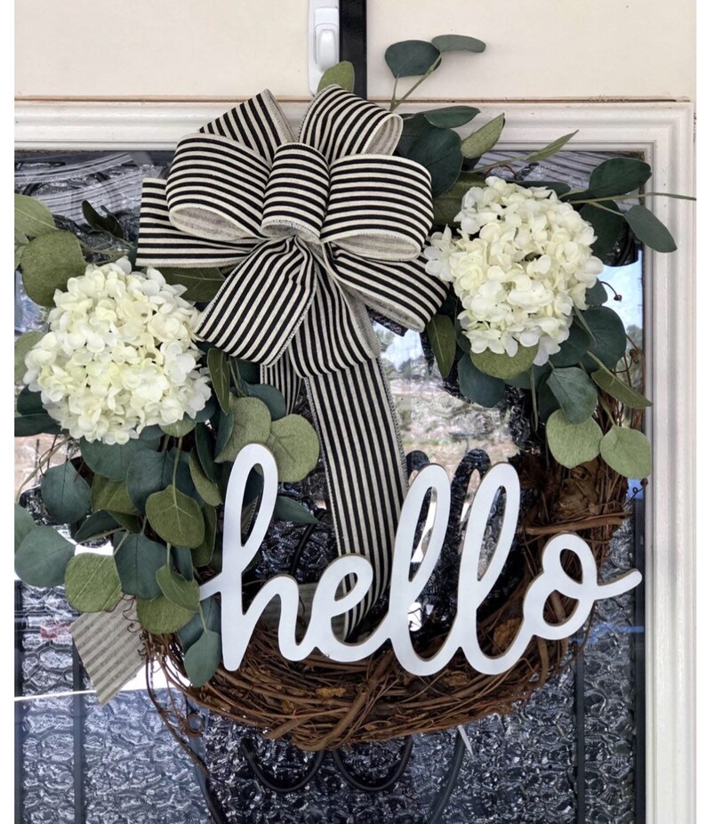 Hello Farmhouse Wreath Grapevine Wreath- Eucalyptus Wreath Year Round Wreaths Front Door Decor Hydrangeas