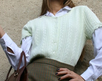 Mint green cable knit cardigan - Size S - Women’s - French vintage sweater - y2k