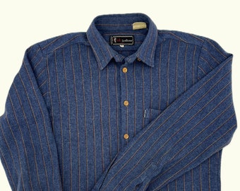 Long sleeve wool shirt - Buttoned down - Blue - Thin stripes - French vintage - S/M