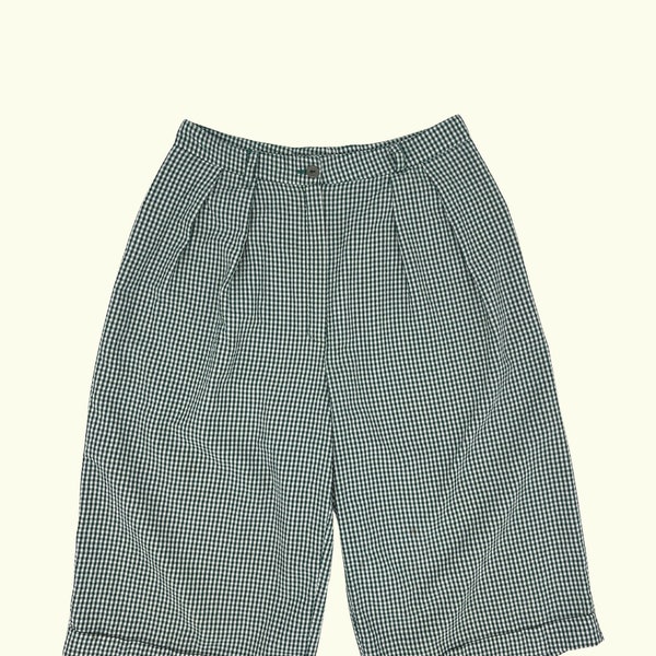 Green gingham cotton bermuda - french vintage - high waisted - light summer shorts -  size S/M - 80's/90's
