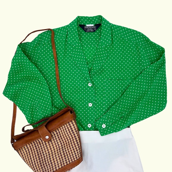 Polka dot blouse - Green - Linen - Max Mara Made in Italy - Size 42 (FR) / L - Lightweight blouse - Vintage 90's/00's