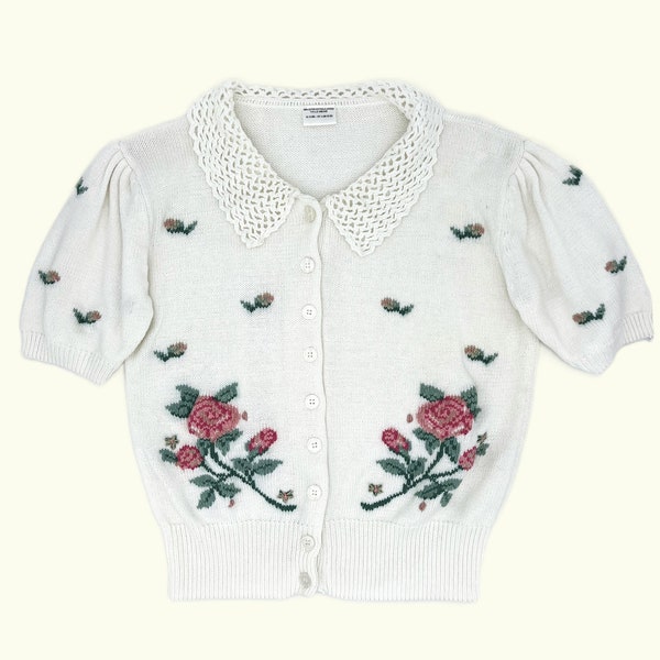 Cotton knit sweater - vintage - floral pattern - pink roses - crochet collar - L/XL - puffy short sleeve