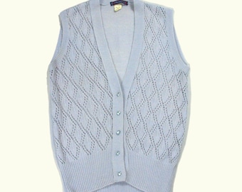 Light gray, blue shade sleeveless sweater - Mohair, acrylic - French vintage - Diamond knit-V-neck - L