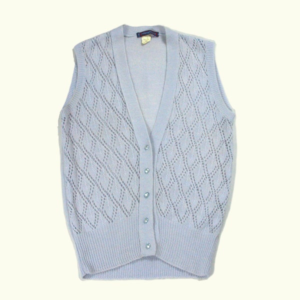 Light gray, blue shade sleeveless sweater - Mohair, acrylic - French vintage - Diamond knit-V-neck - L