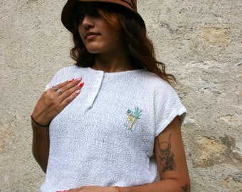 Knit white embroidered top - palm tree and monkey pattern - slipover sleeveless sweater - french vintage - 70's - size S