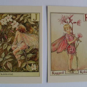 Cartões postais individuais do alfabeto das fadas das flores letras J a R Cicely Mary Barker arte botânica