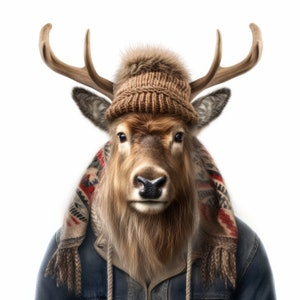 Deer wearing winter mountain clothes and beanies (v4)