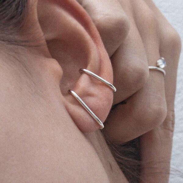 Suspender earring · Custom size · Stud bar earring ·  Stud lobe cuff earring · Minimalist earlobe cuff · Edgy earring · Silver · Gold