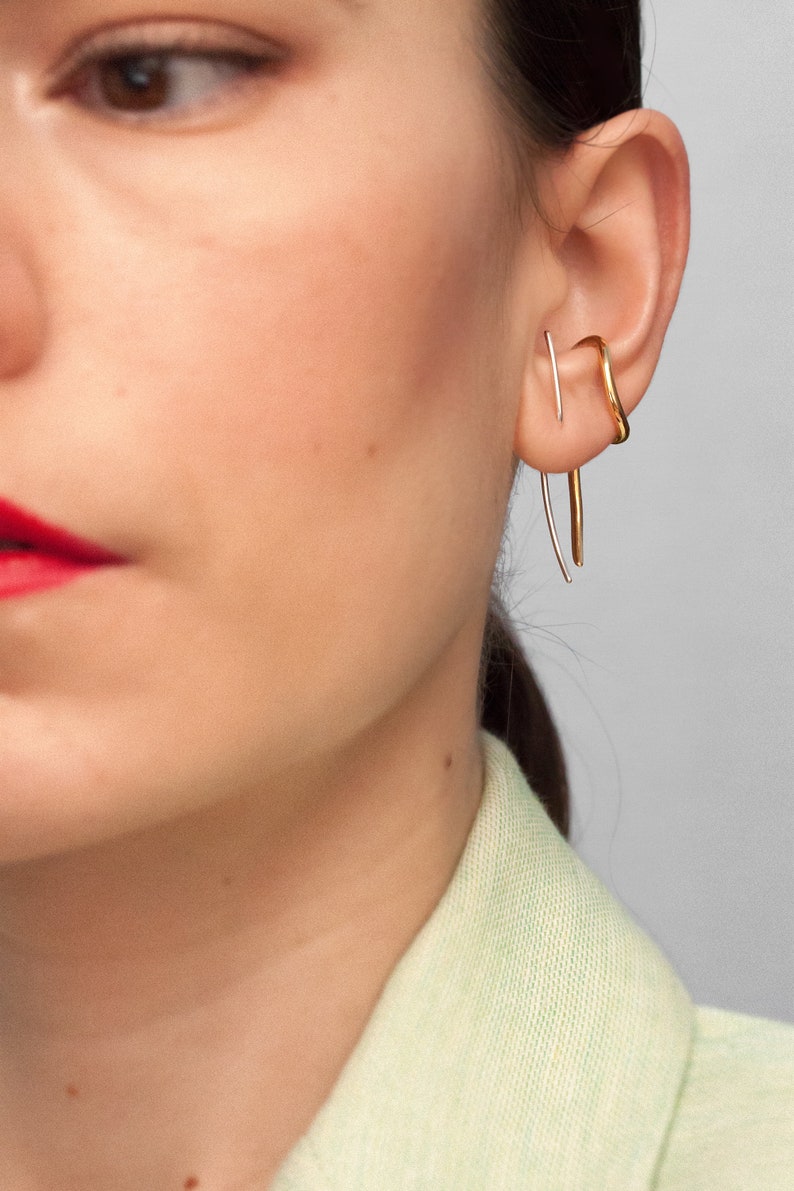 Pendulum Ear Cuff Sculptural earring Silver ear cuff 24k gold vermeil Edgy earring Contemporary earring Conch ear cuff image 6