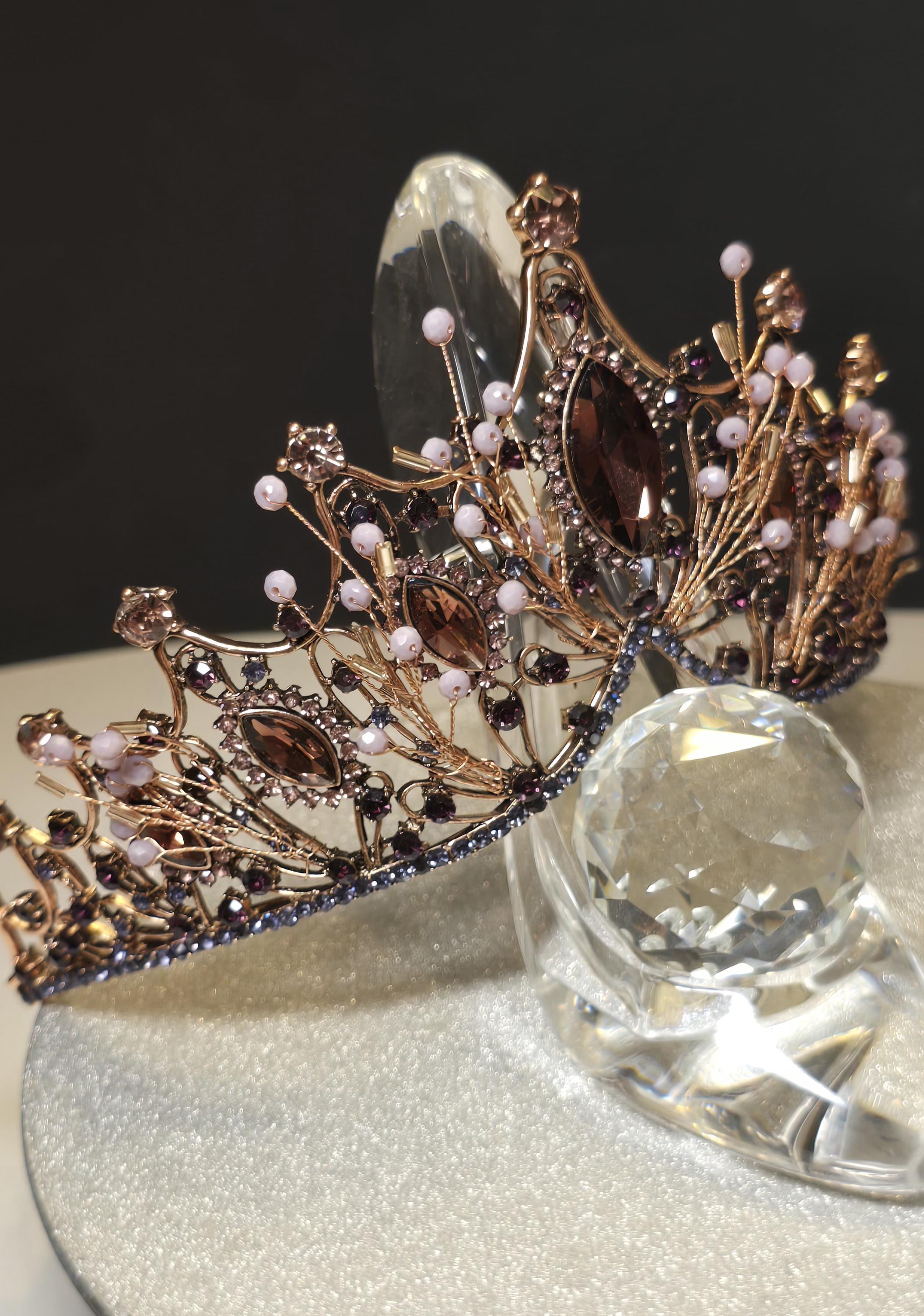 Handmade Copper Gold Crown Tiara Rhinestone Headpiece for Cosplay Weddings Copper Tiara with Blue Crystals – Handmade Elven Crown for  main image 3