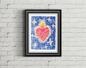 Catholic Art | Sacred Heart | Mosaic Art | Catholic Saints | Catholic decor | watercolor illustration | Jesus | Christian Art | Print