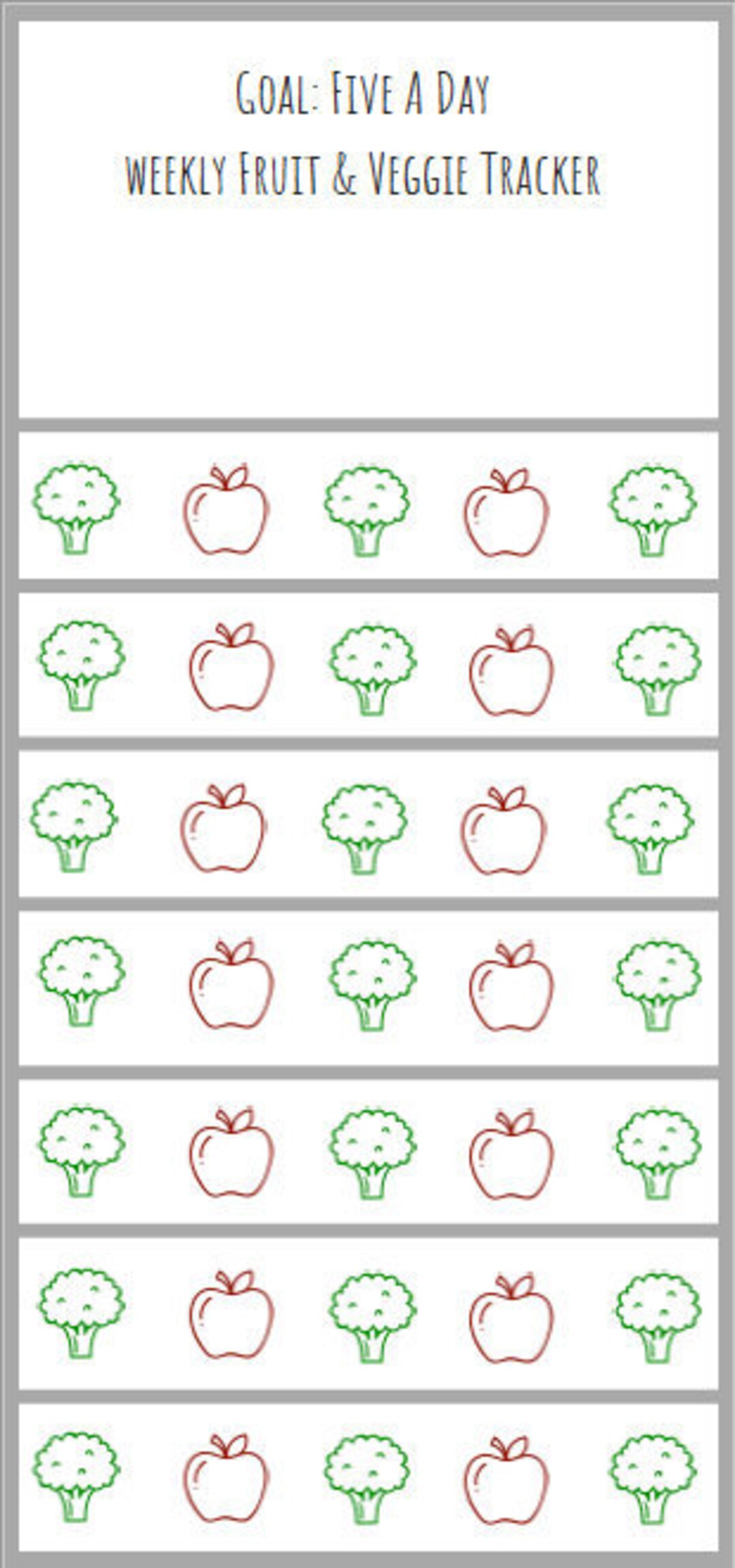 Weekly Fruit and Vegetable Tracker, 5 Servings a Day, Instant Download