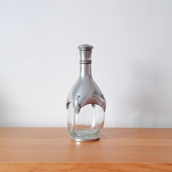 Carafe à whisky en verre et en étain, carafe vintage, carafe à décanter, carafe à vin, ancienne carafe, decanter, seventies