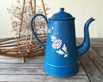 Blue enameled coffee pot, vintage enameled coffee pot, enamel pitcher, enamel coffee pot, vintage coffee pot, blue enameled coffee maker