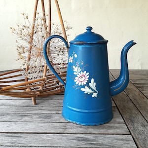 Blue enameled coffee pot, vintage enameled coffee pot, enamel pitcher, enamel coffee pot, vintage coffee pot, blue enameled coffee maker image 1