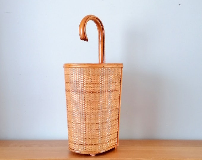 Vintage Rattan and Cane Umbrella Stand, Rattan Cane Holder, Rattan Umbrella Stand, Mid Century