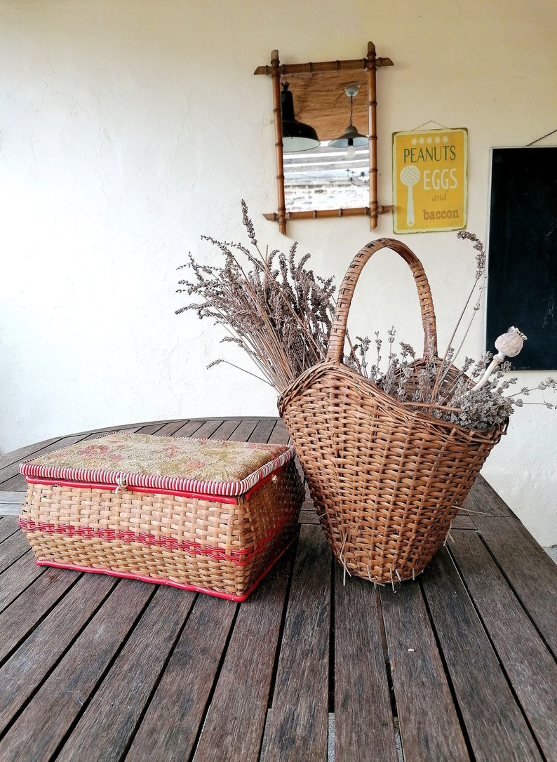 Boîte à couture rotin et scoubidou vintage, panier rotin, Rattan sewing box, 1930 image 1