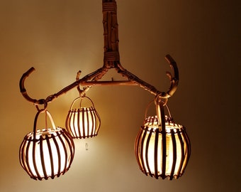 Vintage rattan pendant lamp 4 globes attributed to Louis Sognot, Vintage rattan chandelier, rattan lantern, 1970s