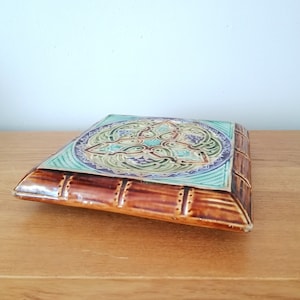 Green ceramic trivet, vintage trivet, square trivet, antique trivet, enamel trivet, mid century