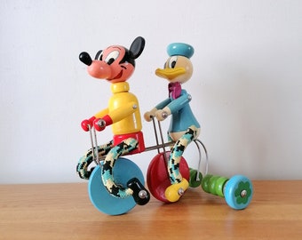 Jouet en bois vintage Donald et Mickey à tirer/pousser VILAC pour Walt Disney de 1950, Ancien jouet en bois, old wooden toy, Mid Century