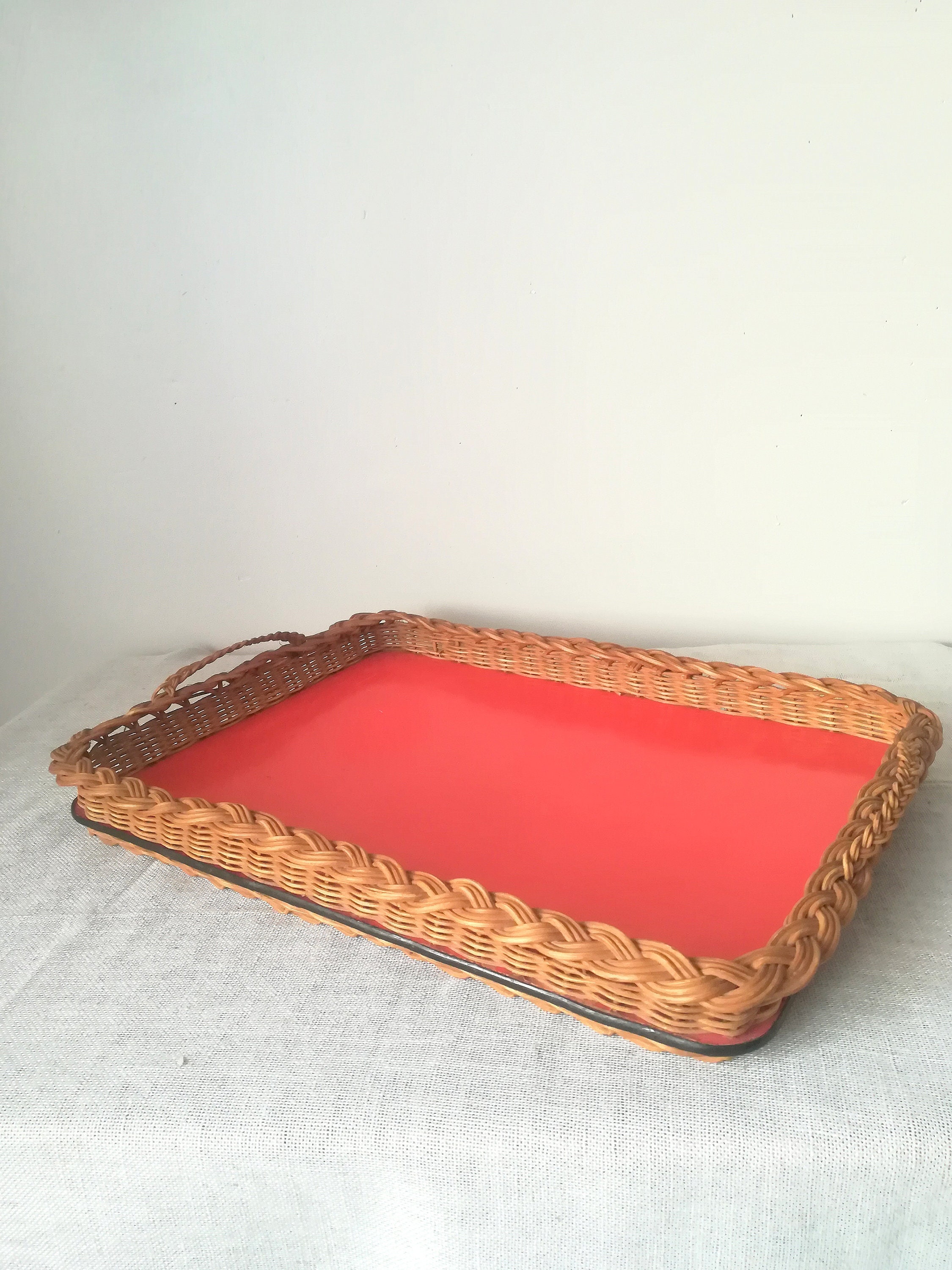 Plateau Vintage En Rotin Et Verre Fumé - Service Déco Cuisine - France