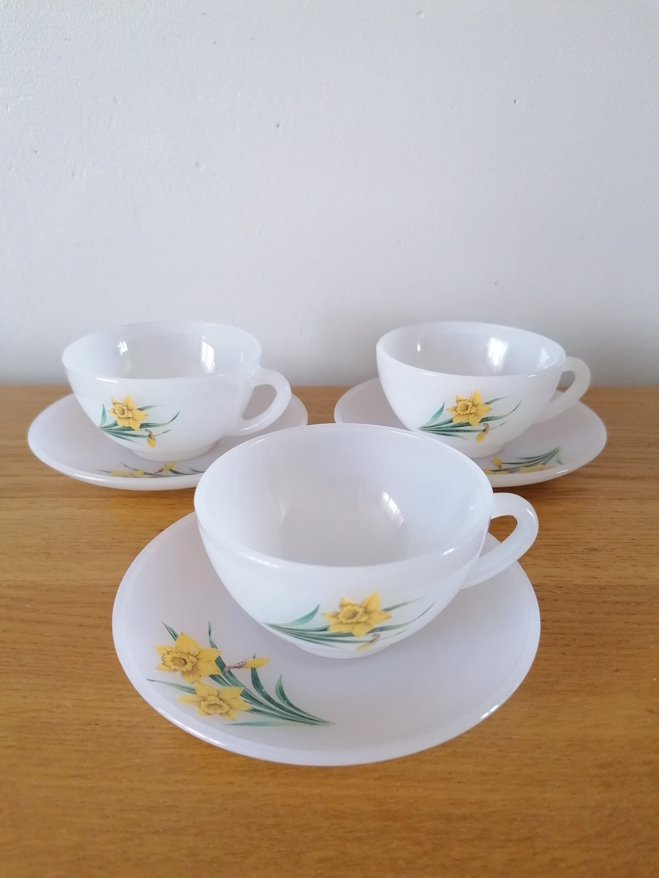 Tasse Arcopal, Lot 3 Tasses et Soucoupes, Tasse à Café, Thé, Vintage, Ancienne Tasse, Verre Blanc, C