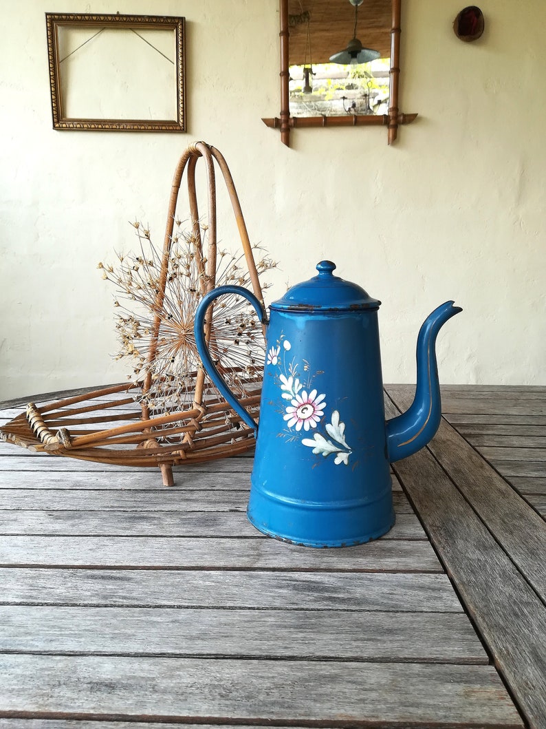 Blue enameled coffee pot, vintage enameled coffee pot, enamel pitcher, enamel coffee pot, vintage coffee pot, blue enameled coffee maker image 1