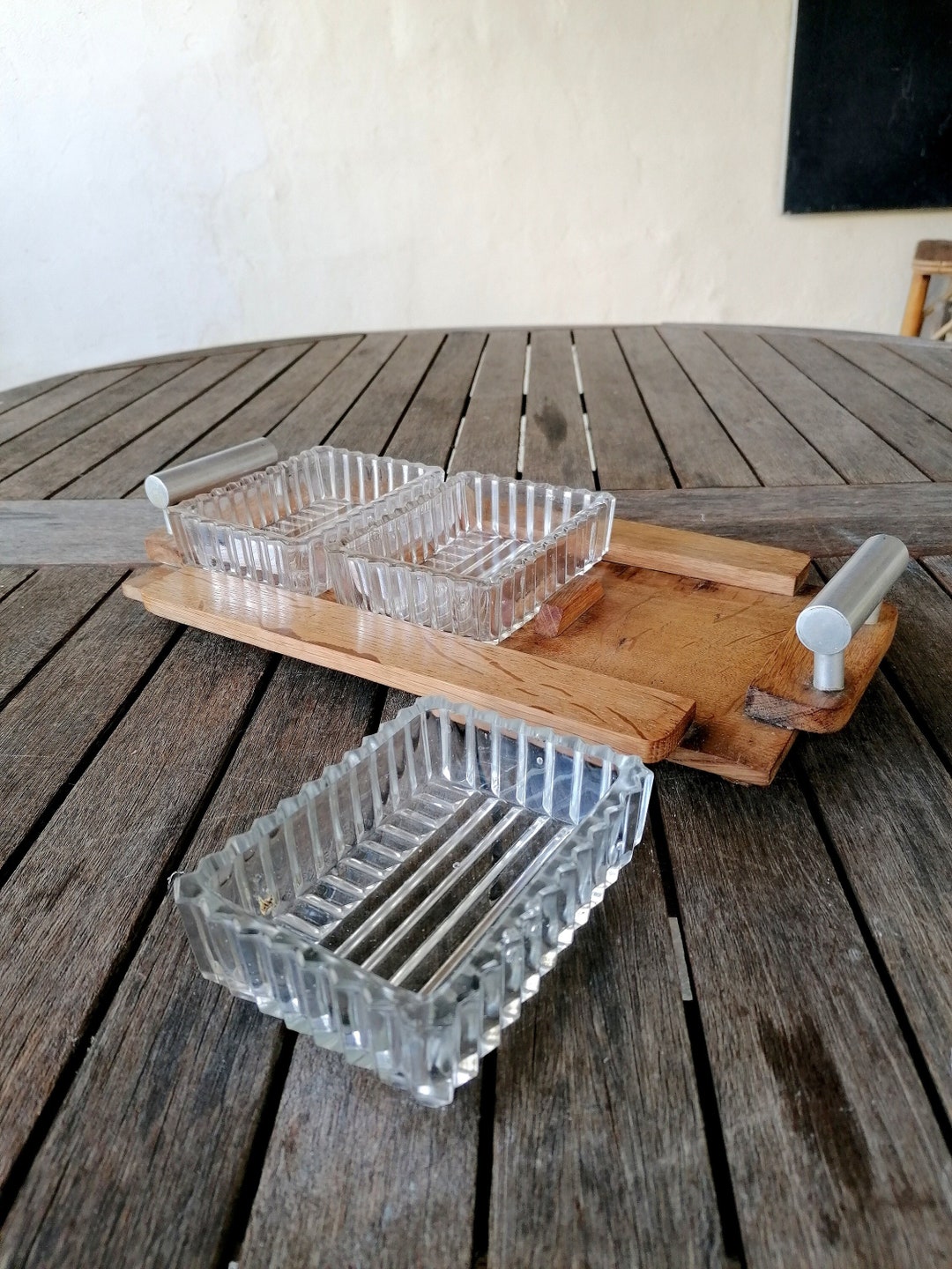 Plateau Bois Avec Bols Inox - Plateau Repas Canapé, 2 Porte-Verres, 2 Porte-Bouteilles