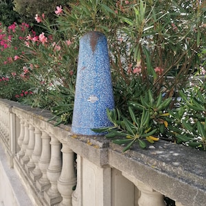 Peut inclure: Un récipient en métal bleu et blanc moucheté de forme évasée, sur fond de feuillage vert luxuriant et de fleurs roses. Le récipient a un aspect vieilli et rustique, suggérant une utilisation en extérieur.